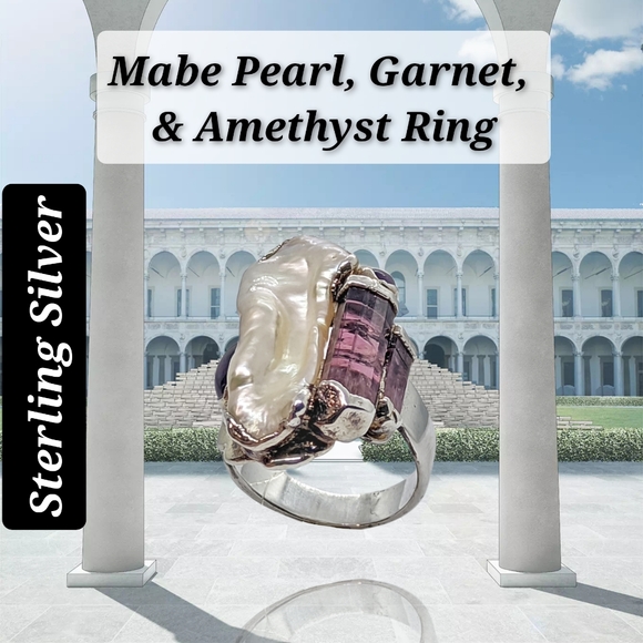 .Mabe Pearl, Garnet, & Amethyst Sterling Silver Ring - Picture 7 of 8